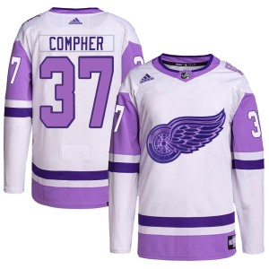 Detroit Red Wings J.T. Compher Official White/Purple Adidas Authentic Youth Hockey Fights Cancer Primegreen NHL Hockey Jersey