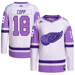 Detroit Red Wings Andrew Copp Official White/Purple Adidas Authentic Youth Hockey Fights Cancer Primegreen NHL Hockey Jersey