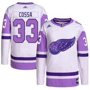 Detroit Red Wings Sebastian Cossa Official White/Purple Adidas Authentic Youth Hockey Fights Cancer Primegreen NHL Hockey Jersey