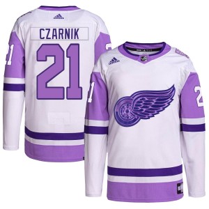 Detroit Red Wings Austin Czarnik Official White/Purple Adidas Authentic Youth Hockey Fights Cancer Primegreen NHL Hockey Jersey