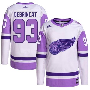 Detroit Red Wings Alex DeBrincat Official White/Purple Adidas Authentic Youth Hockey Fights Cancer Primegreen NHL Hockey Jersey
