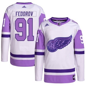 Detroit Red Wings Sergei Fedorov Official White/Purple Adidas Authentic Youth Hockey Fights Cancer Primegreen NHL Hockey Jersey