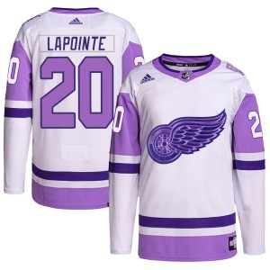 Detroit Red Wings Martin Lapointe Official White/Purple Adidas Authentic Youth Hockey Fights Cancer Primegreen NHL Hockey Jersey