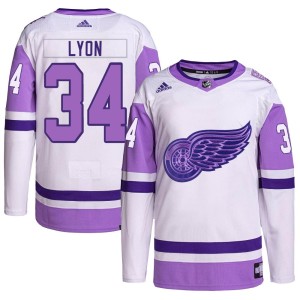 Detroit Red Wings Alex Lyon Official White/Purple Adidas Authentic Youth Hockey Fights Cancer Primegreen NHL Hockey Jersey