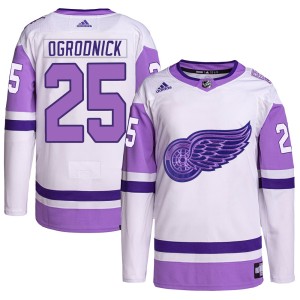 Detroit Red Wings John Ogrodnick Official White/Purple Adidas Authentic Youth Hockey Fights Cancer Primegreen NHL Hockey Jersey