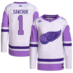 Detroit Red Wings Terry Sawchuk Official White/Purple Adidas Authentic Youth Hockey Fights Cancer Primegreen NHL Hockey Jersey