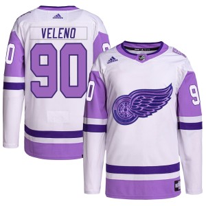 Detroit Red Wings Joe Veleno Official White/Purple Adidas Authentic Youth Hockey Fights Cancer Primegreen NHL Hockey Jersey