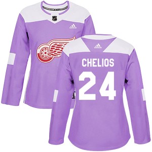 Detroit Red Wings Chris Chelios Official Purple Adidas Authentic Women's Hockey Fights Cancer Practice NHL Hockey Jersey