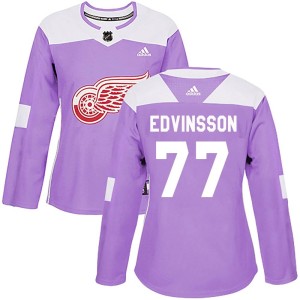 Detroit Red Wings Simon Edvinsson Official Purple Adidas Authentic Women's Hockey Fights Cancer Practice NHL Hockey Jersey