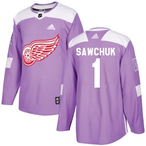 Detroit Red Wings Terry Sawchuk Official Purple Adidas Authentic Youth Hockey Fights Cancer Practice NHL Hockey Jersey