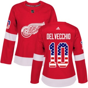 Detroit Red Wings Alex Delvecchio Official Red Adidas Authentic Women's USA Flag Fashion NHL Hockey Jersey
