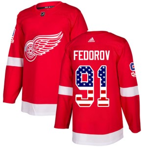 Detroit Red Wings Sergei Fedorov Official Red Adidas Authentic Adult USA Flag Fashion NHL Hockey Jersey
