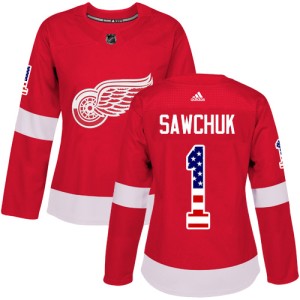 Detroit Red Wings Terry Sawchuk Official Red Adidas Authentic Women's USA Flag Fashion NHL Hockey Jersey